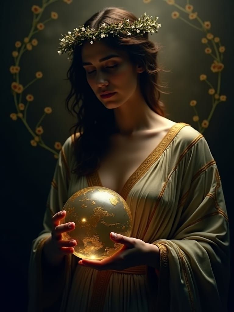 Woman with World Orb in Pre-Raphaelite Style