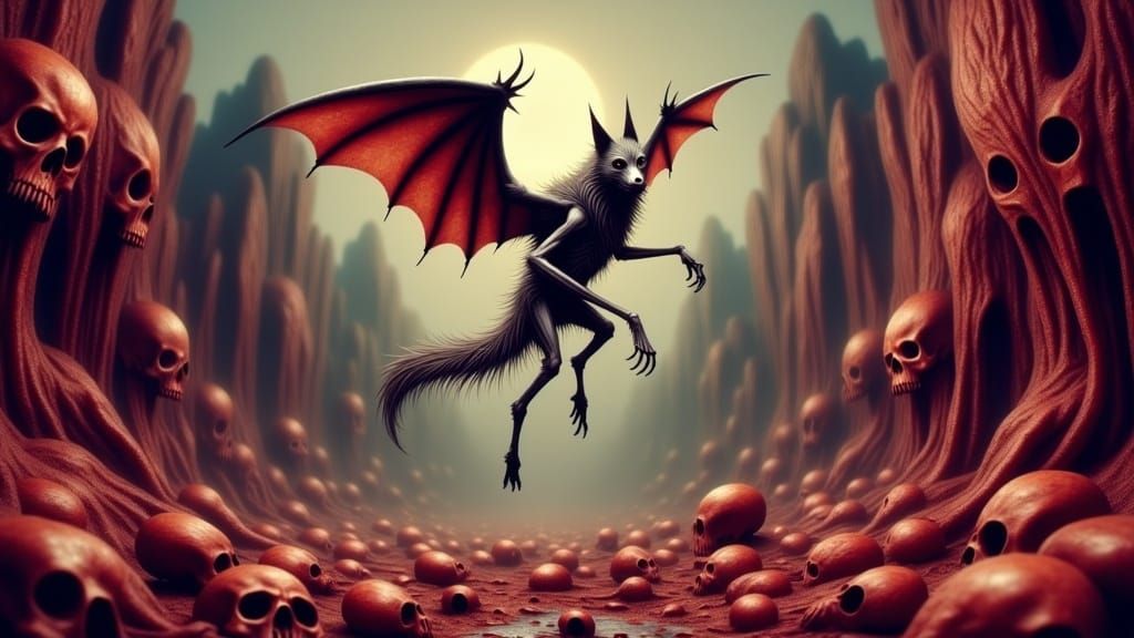 Surreal Wolf-Bat Shapeshifter Rises from Crimson Sandstone C...
