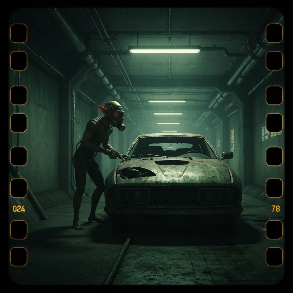 Elf in Cyberpunk Sewer Finds Decayed Car