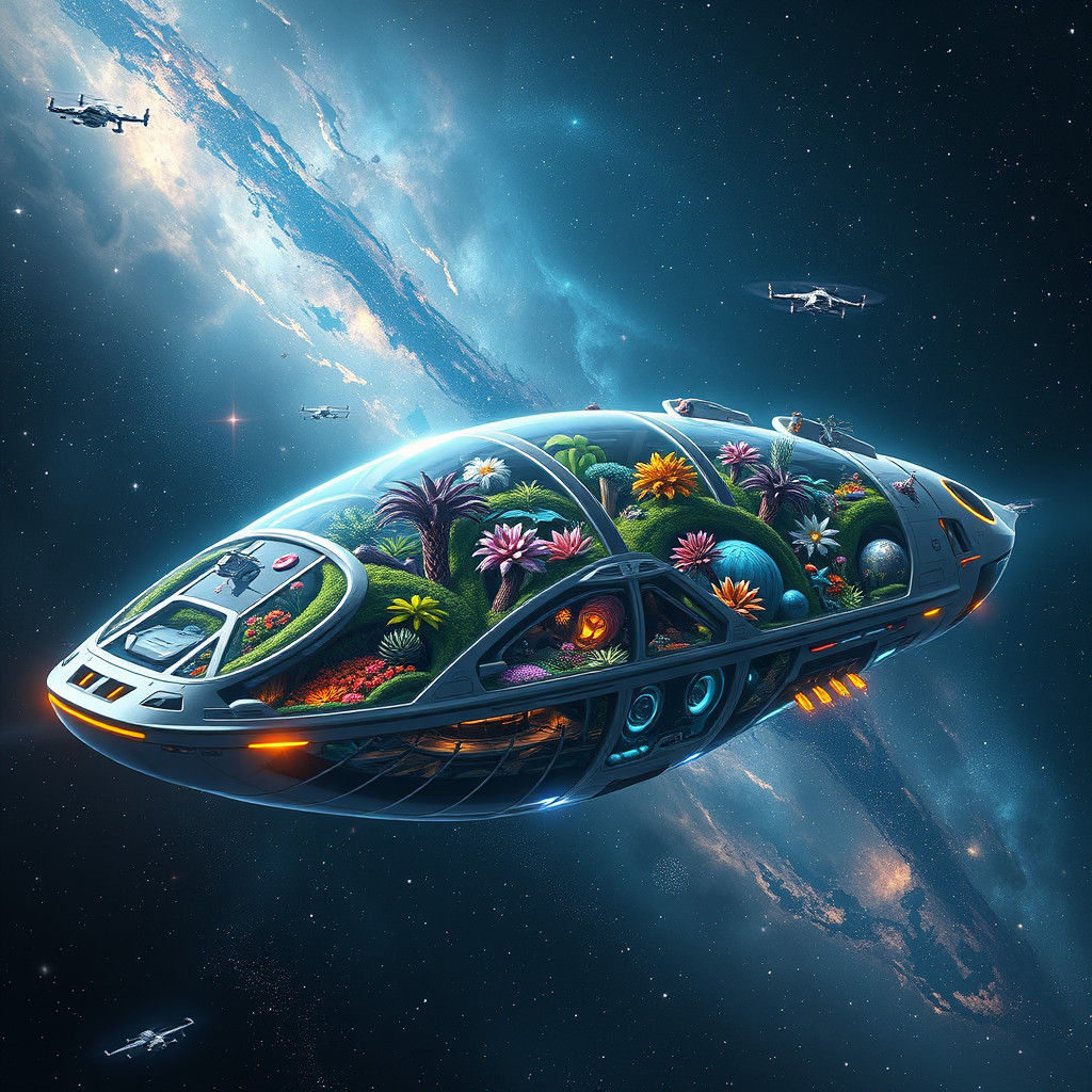 Galactic Ark: Thriving Ecosystems in a Sleek Spaceship