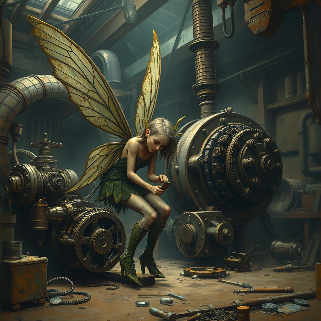 Steampunk Fairy Tinkering with Mechanical Machine