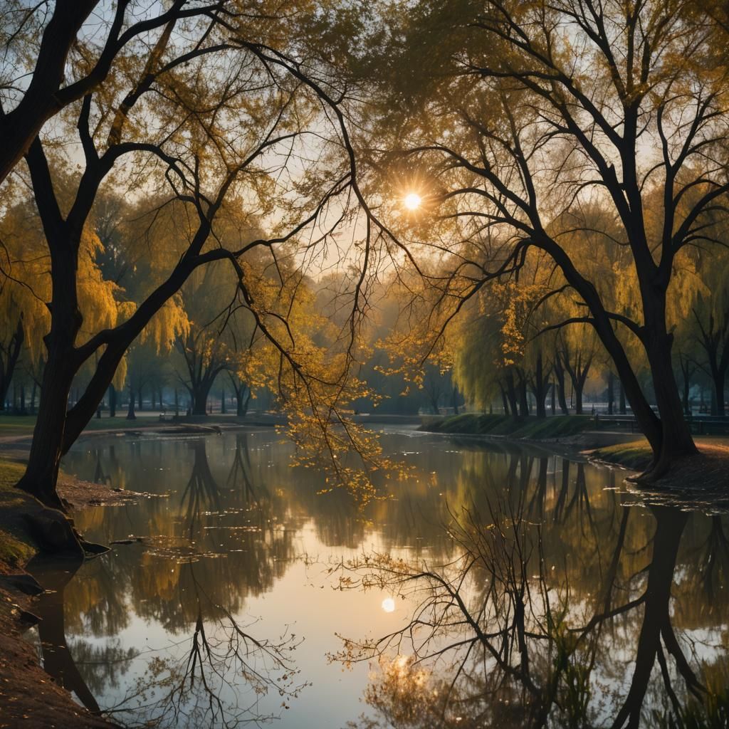 Quiet Park by River at Sunset: Photography