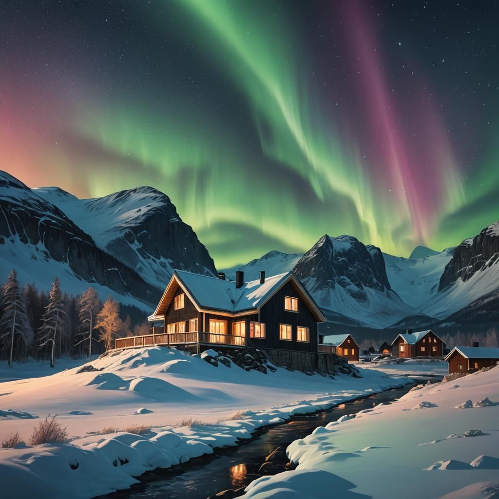 Aurora Borealis over Norwegian Landscape in Hyperrealism