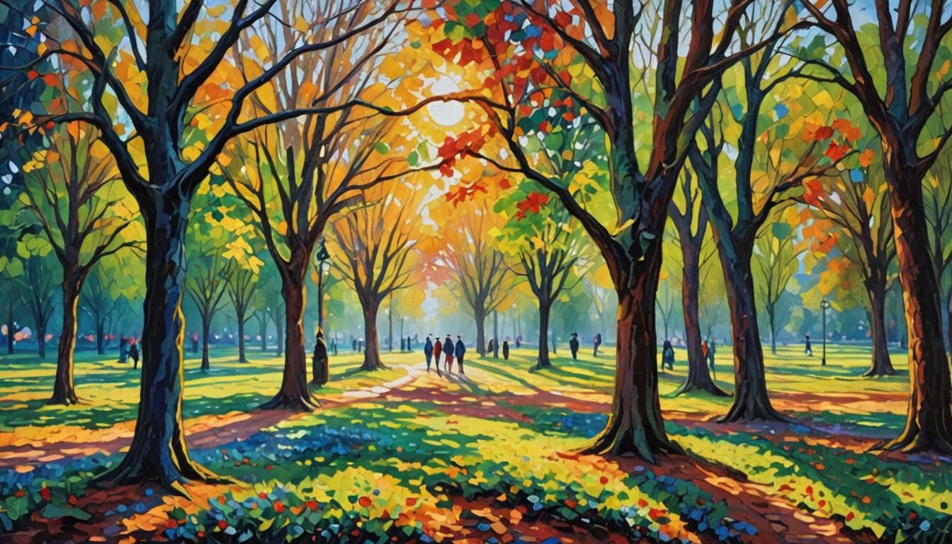 Sunshine in Park: Neo-Impressionist Impasto Oil Painting