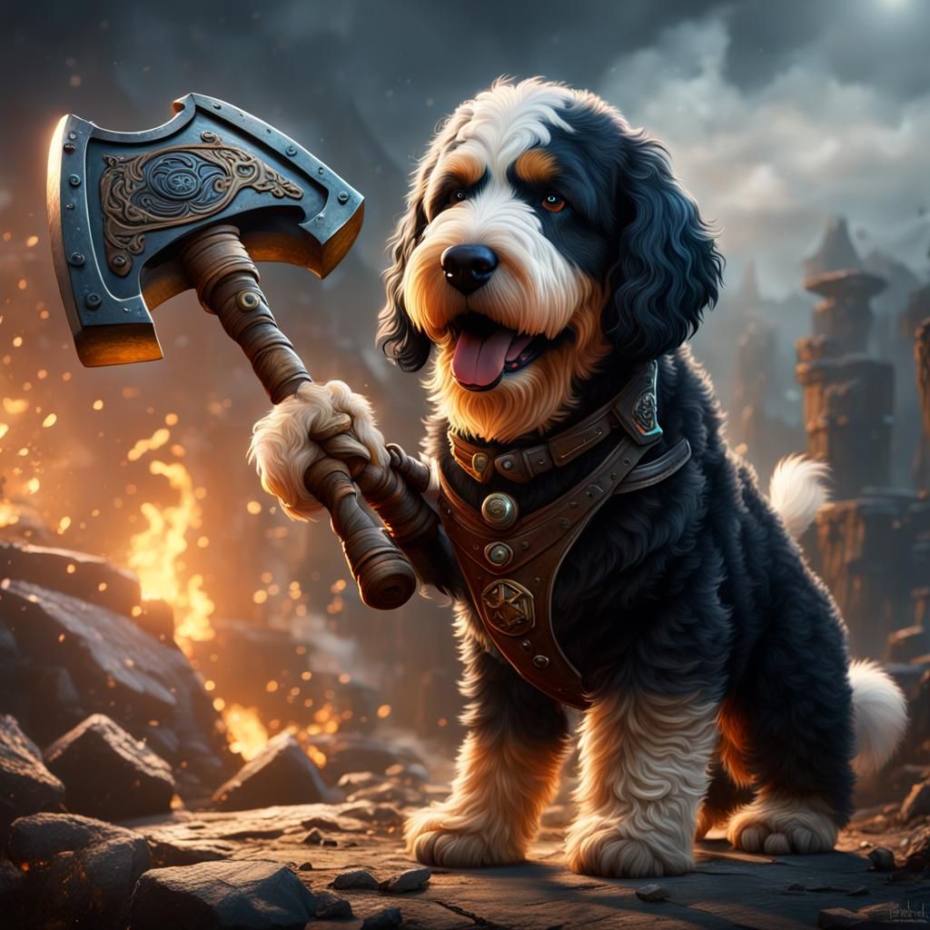 Bernedoodle Dog Forging an Axe in Fantasy Art