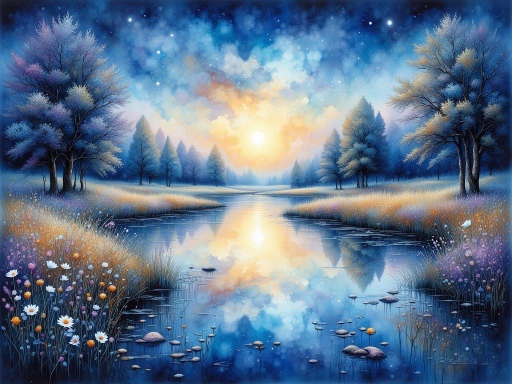 Moonlit Meadow: A Fluid Art Watercolor