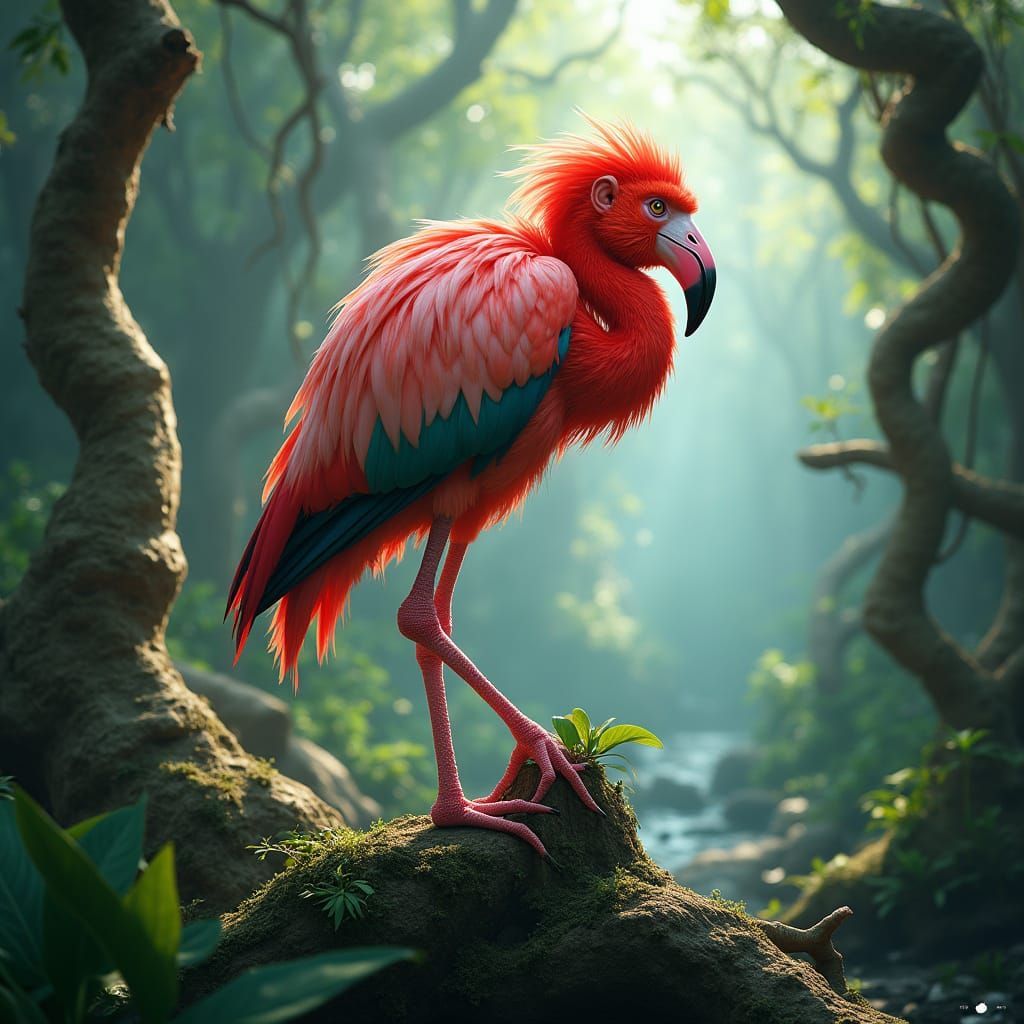Vibrant Flamingo-Monkey Hybrid in Jungle Splendor