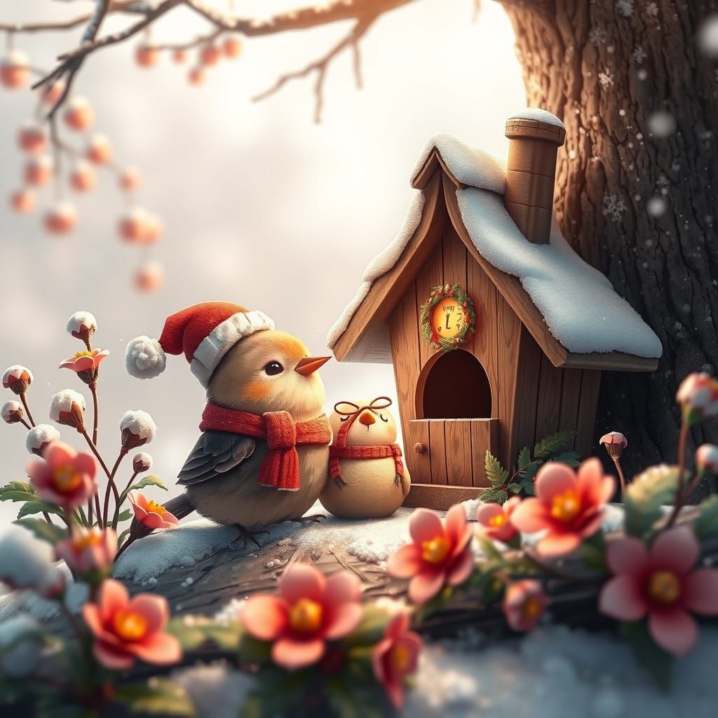 Festive Birds Enjoy Winter Birdhouse in 3D Anime