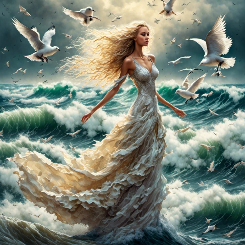 Blonde Woman by Ocean Waves with Birds