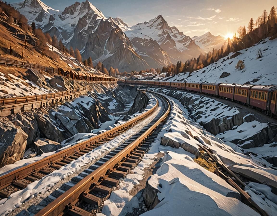 Ethereal Swiss Mountain Railway at Sunset in Warm Golden Lig...