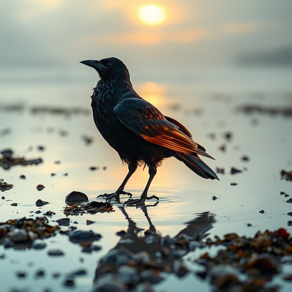 Majestic Crow on Beach, Golden Hour Reflections