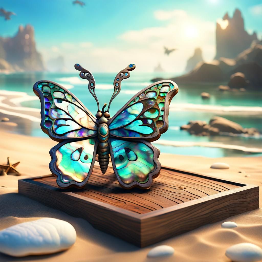 Abalone Butterfly Matte Painting on Beach Plaque