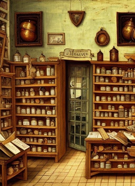 Medieval Apothecary Shop Interior as Oil Painting