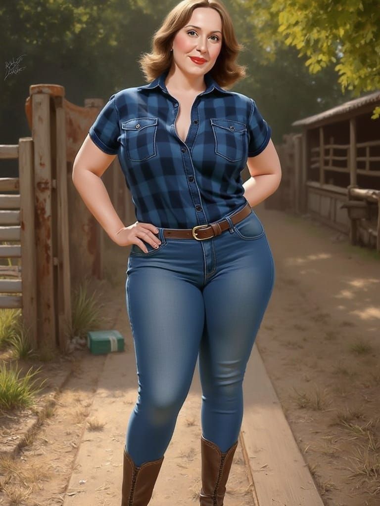 Miranda Hart  tall, curvy, chubby, strong, cheeky and  wearing jeans, boots and shirt in a farm yard
in the style of 
Fr...