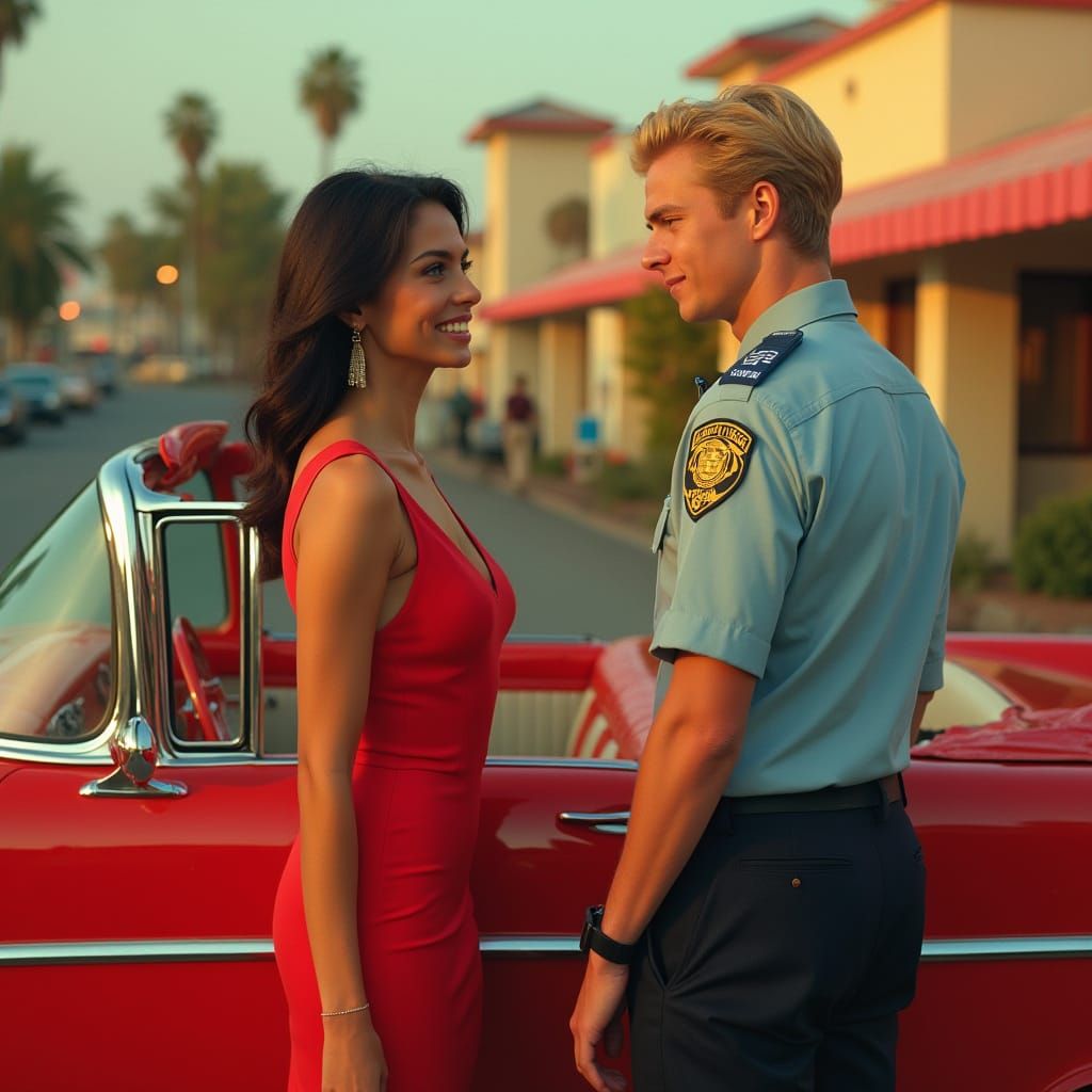 Latina and Officer Chatting by a Red Cabriolet