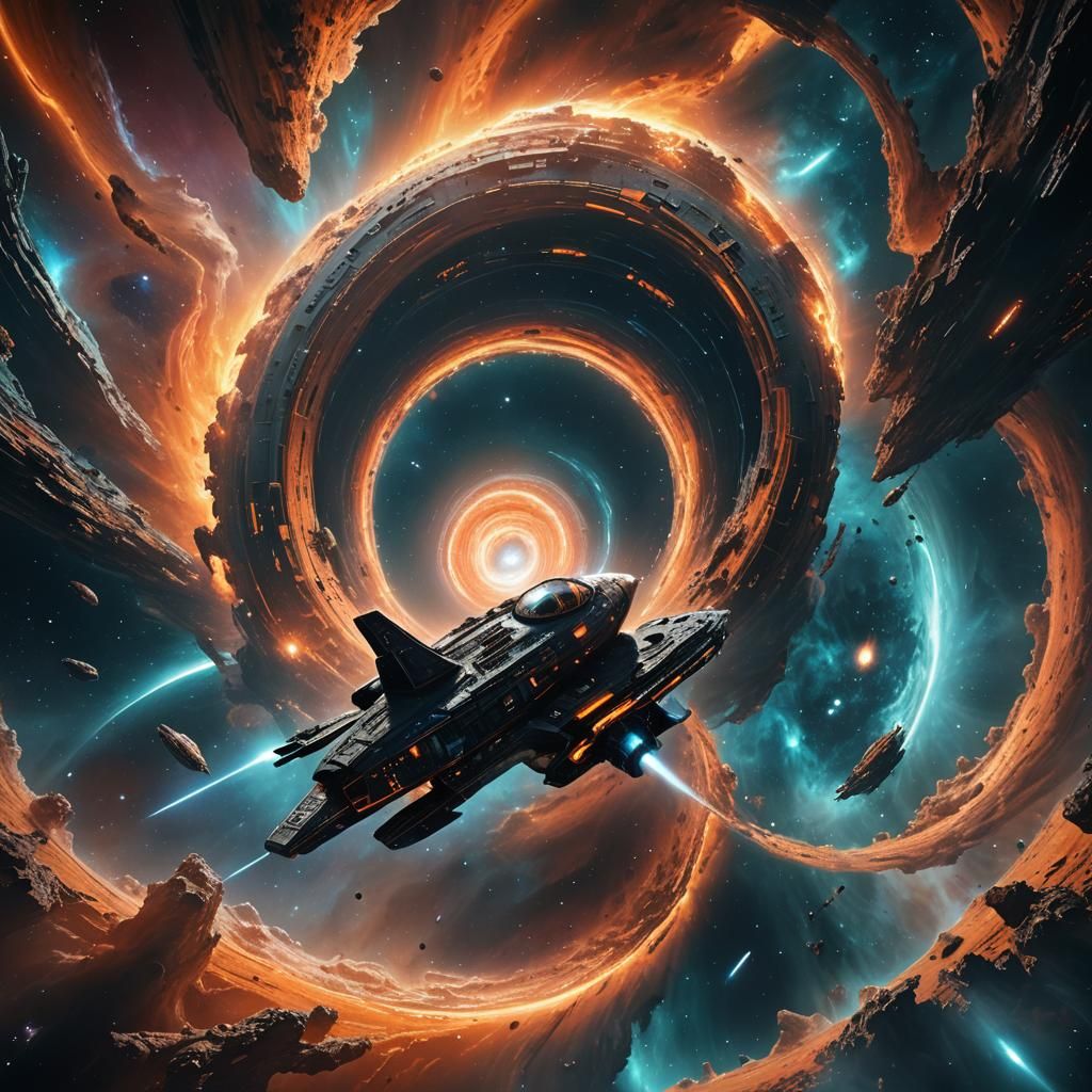 Spaceship Enters Swirling Wormhole in Deep Space