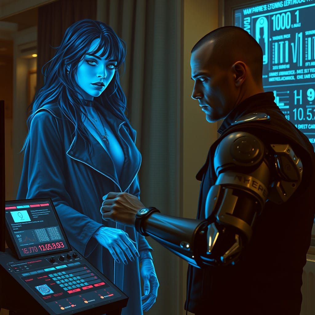 Cyberpunk Gothic Vampire Emerges in Dark, Art Deco Lair