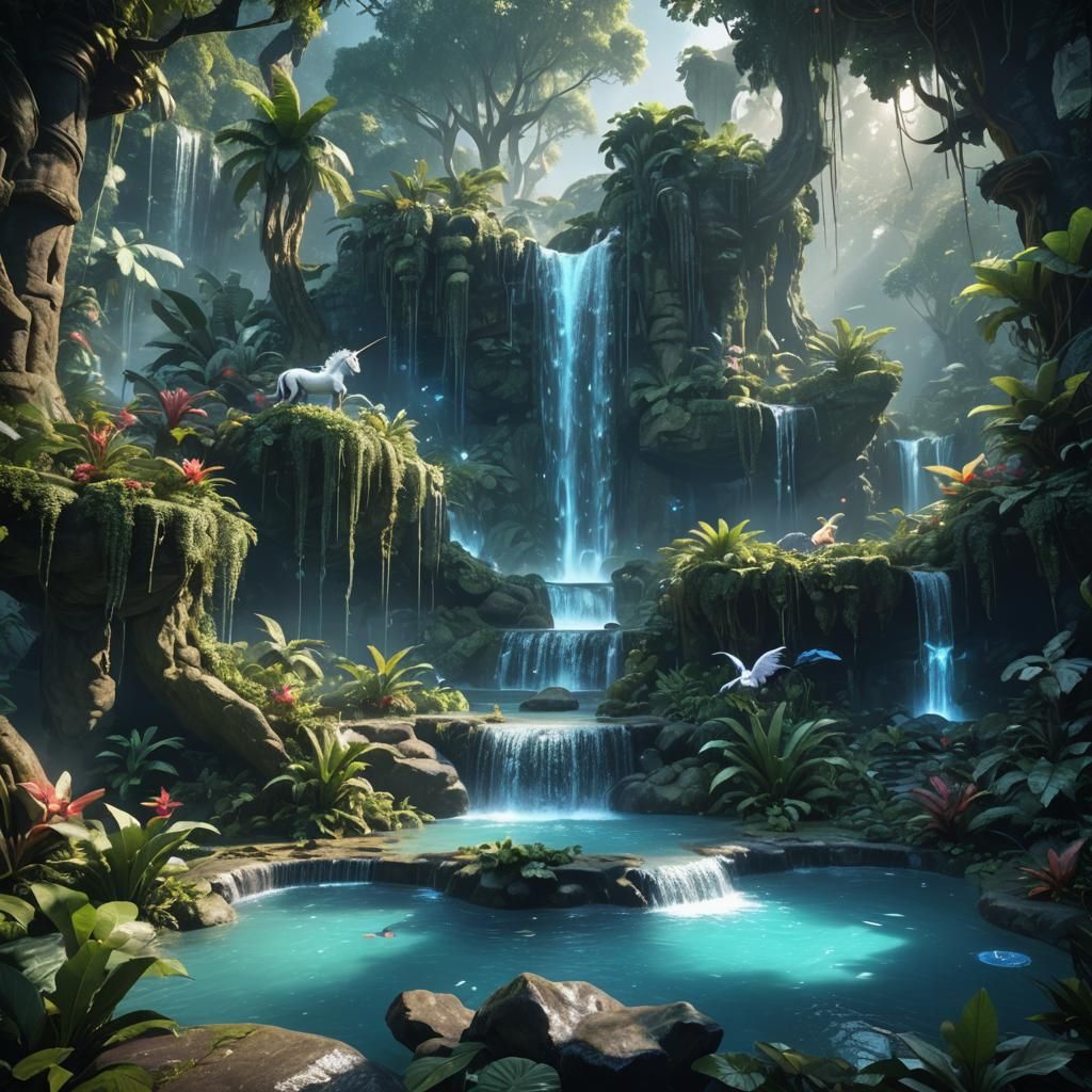 Magical Jungle Paradise with Unicorns and Waterfalls