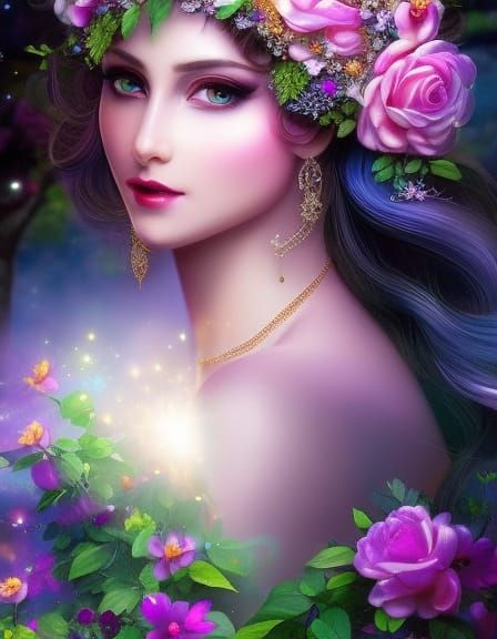 Elf Cultivating Roses in Moonlight, Art Nouveau Style