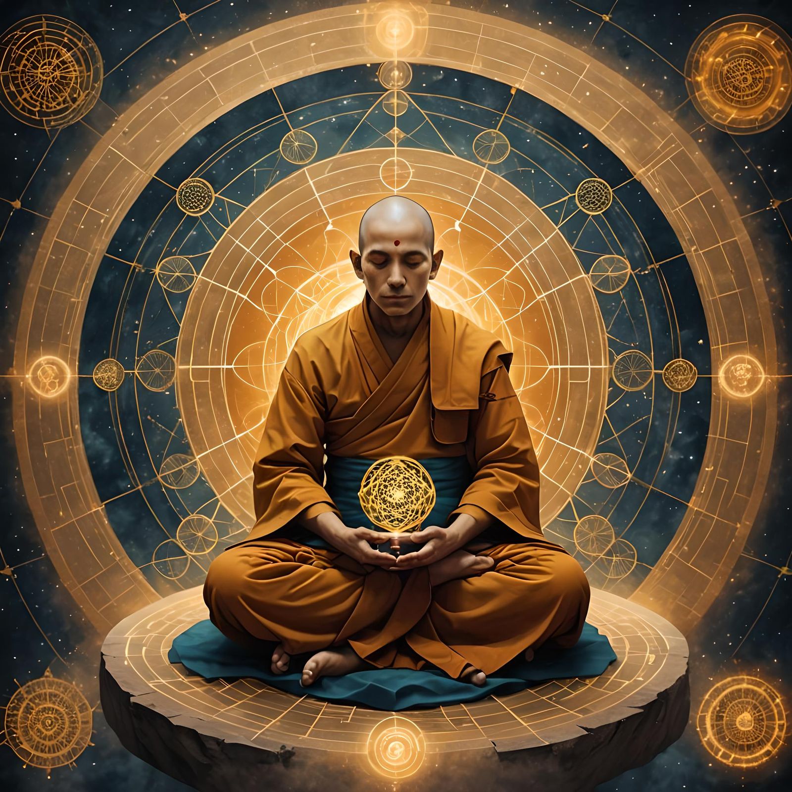 Meditating Monk Materializing Sacred Geometry Aura