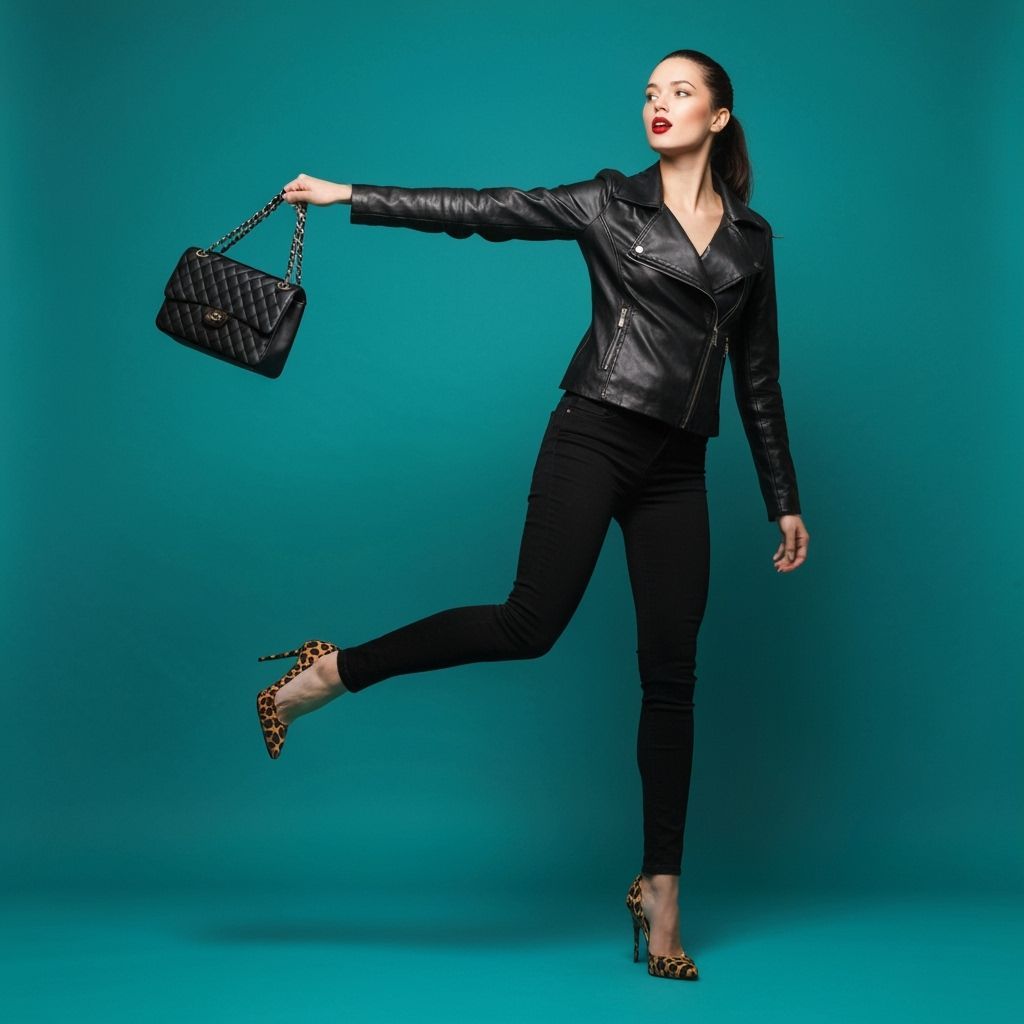 Fashion Model Poses Confidently in Leather Jacket and Heels