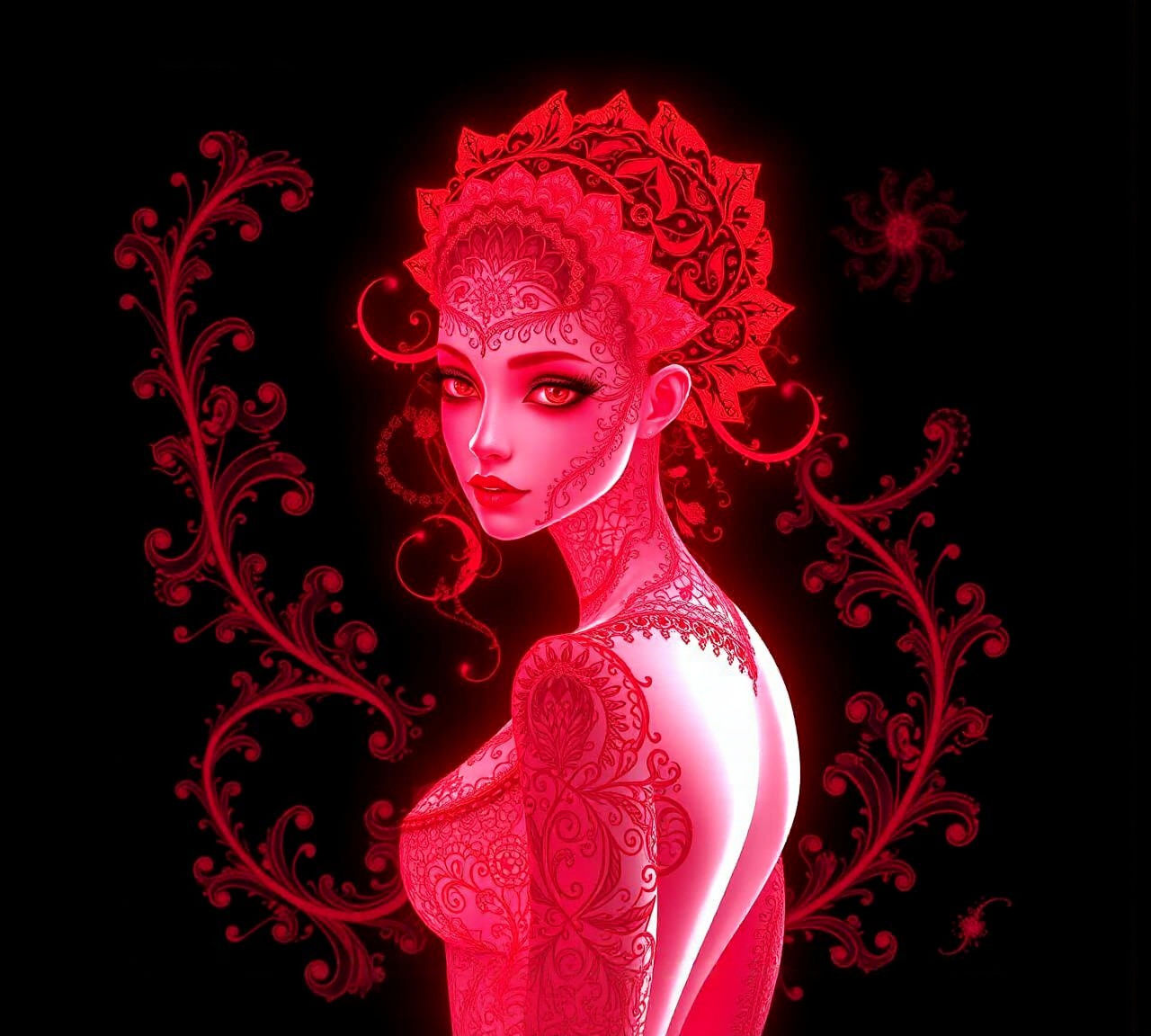 Ethereal Bioluminescent Maiden with Filigree in 3D Shading
