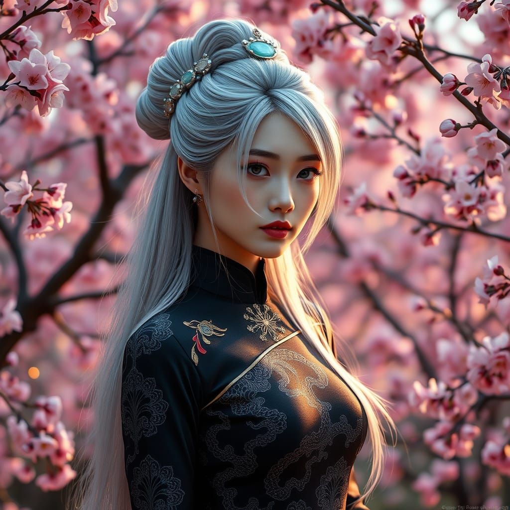 Asian Woman in Cherry Blossoms: Matte Painting Style
