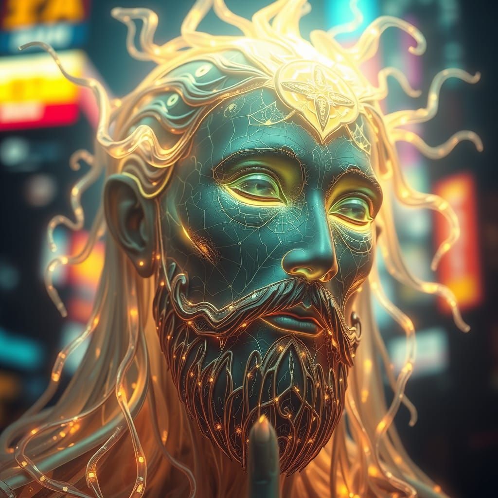 Cyber Christ Radiates Serenity in Neon Cityscape