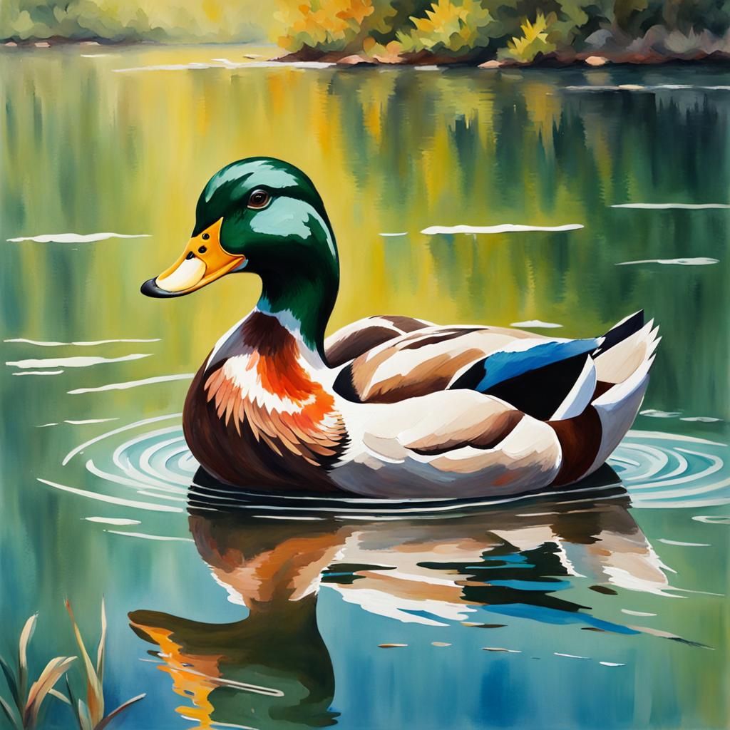 Duck on Lake in Impressionist Gouache Style