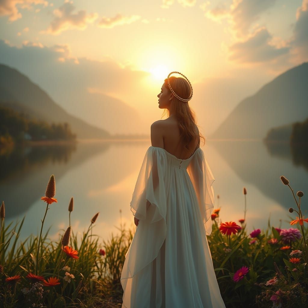 Golden Sunrise Goddess Amidst Vibrant Wildflowers