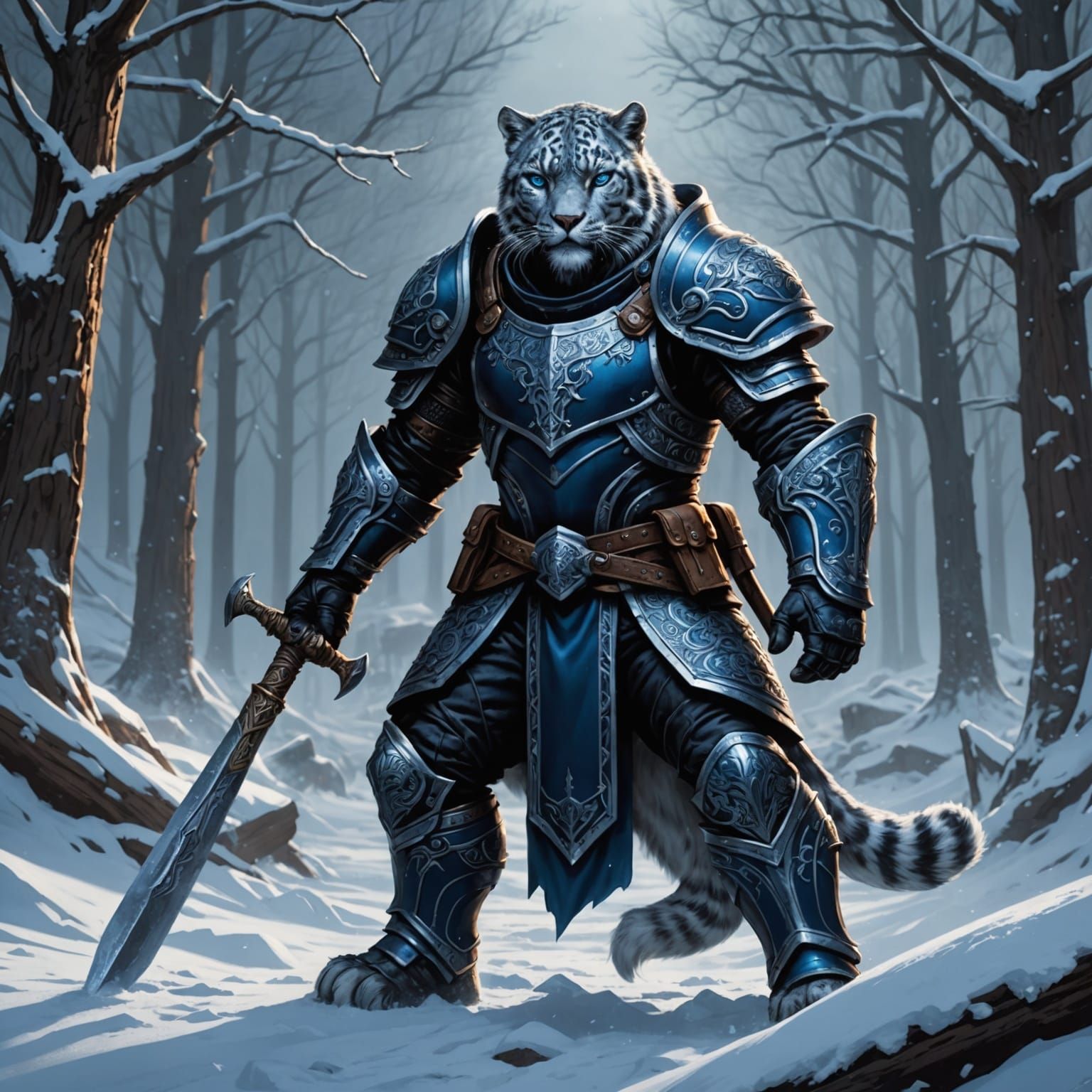 Snow Panther Blacksmith in Blue Armor, Digital Art