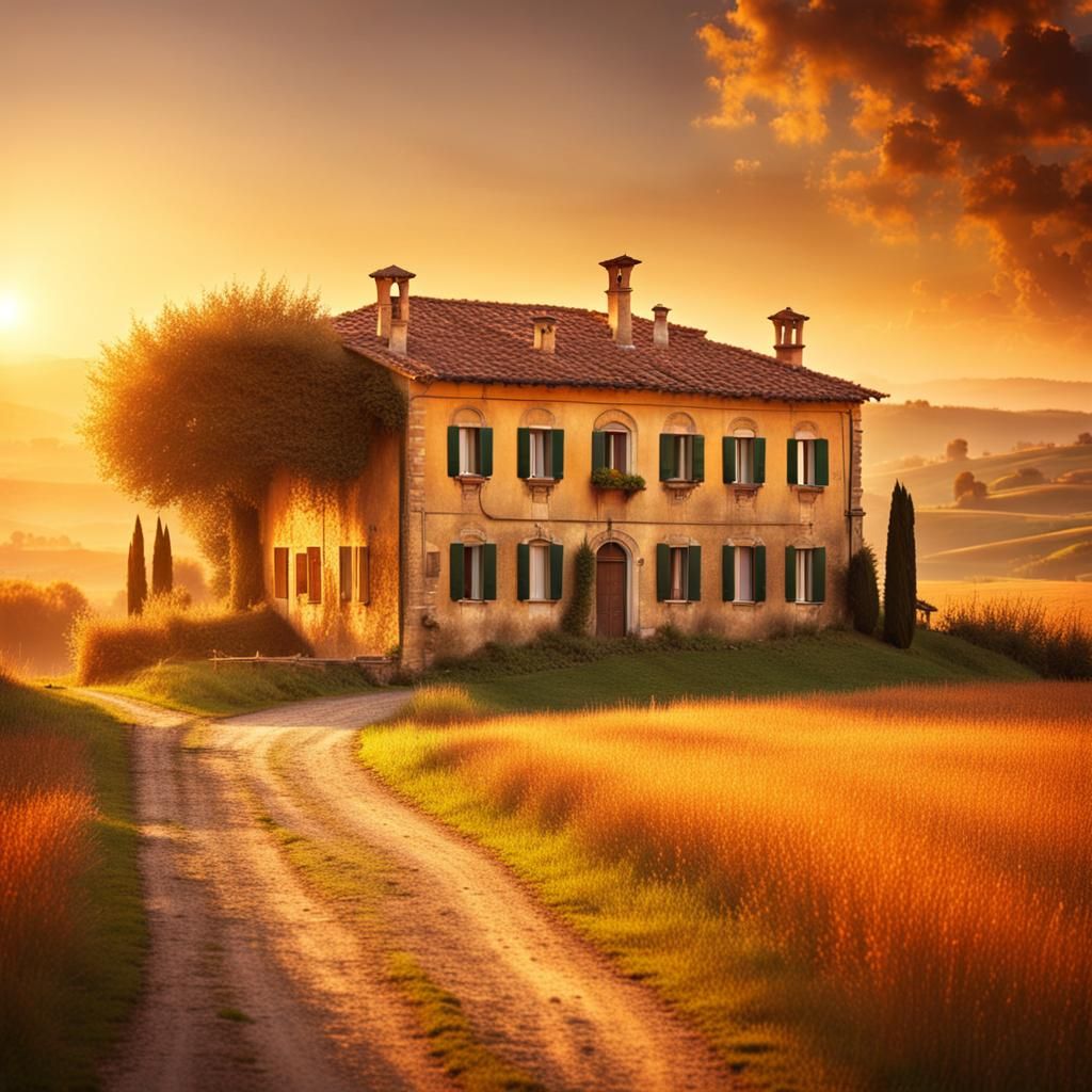 Italian Country House in Golden Sunset Light