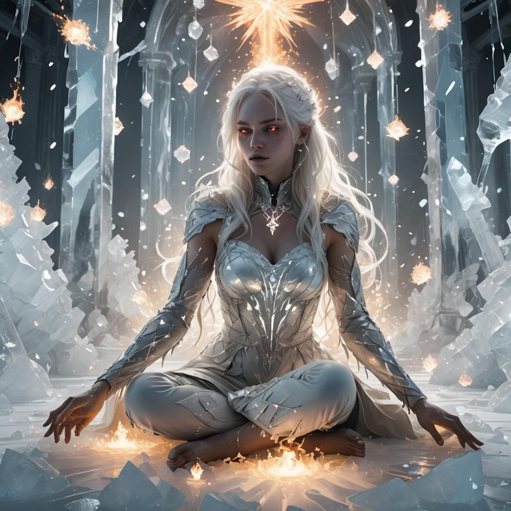 Girl Controls Fire in Ice Room, Digital Art