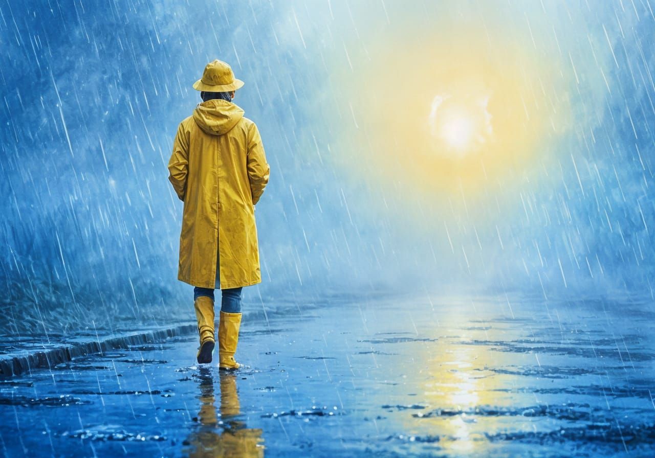 Person in Yellow Raincoat Walking in Blue Rain