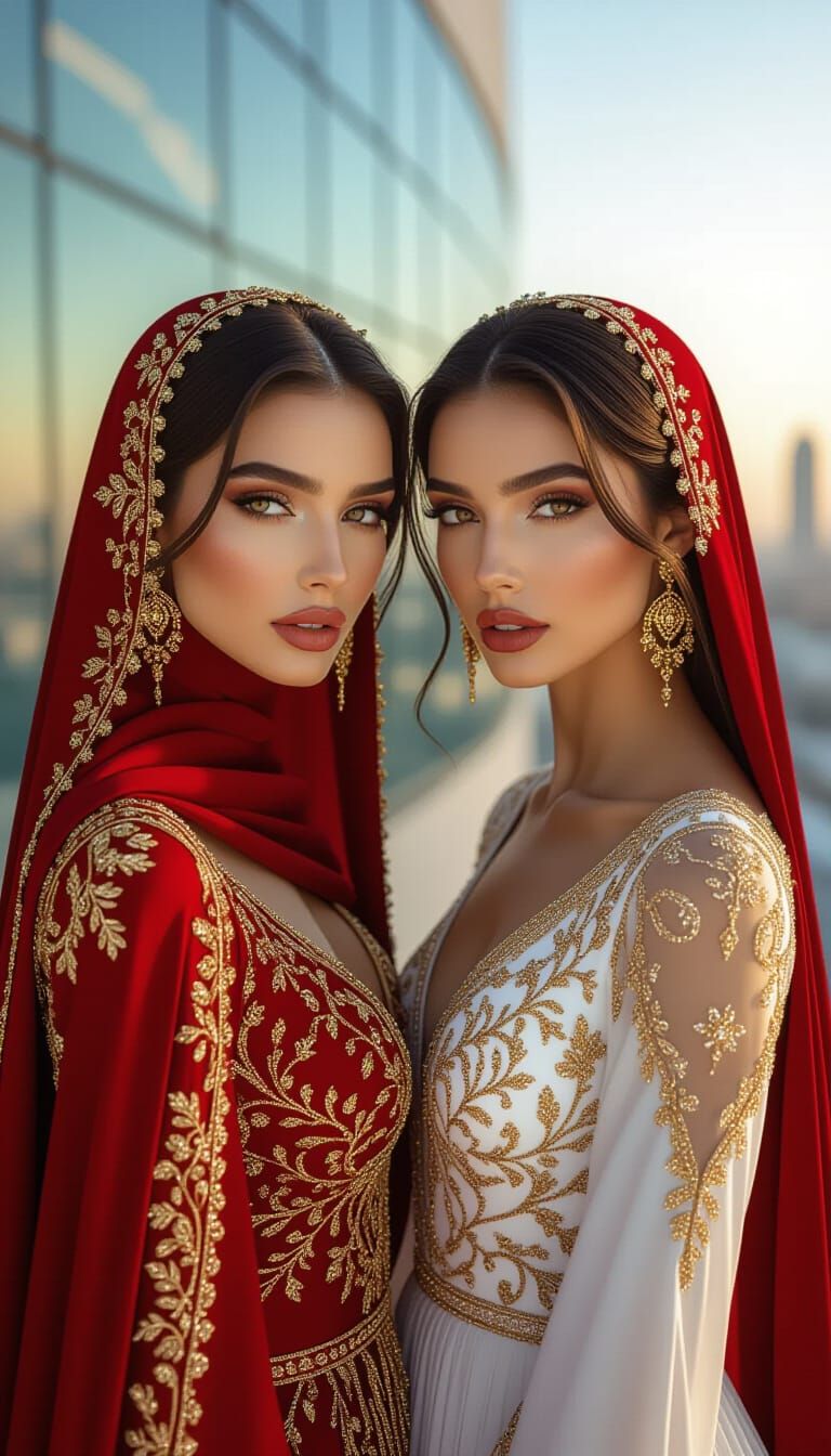 Arab Women in Crimson and White Gowns, Digital Art