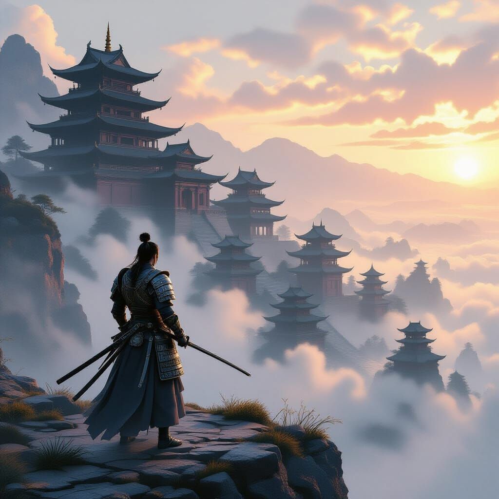 Samurai on Cliff Overlooking Misty Temple Complex in Golden ...