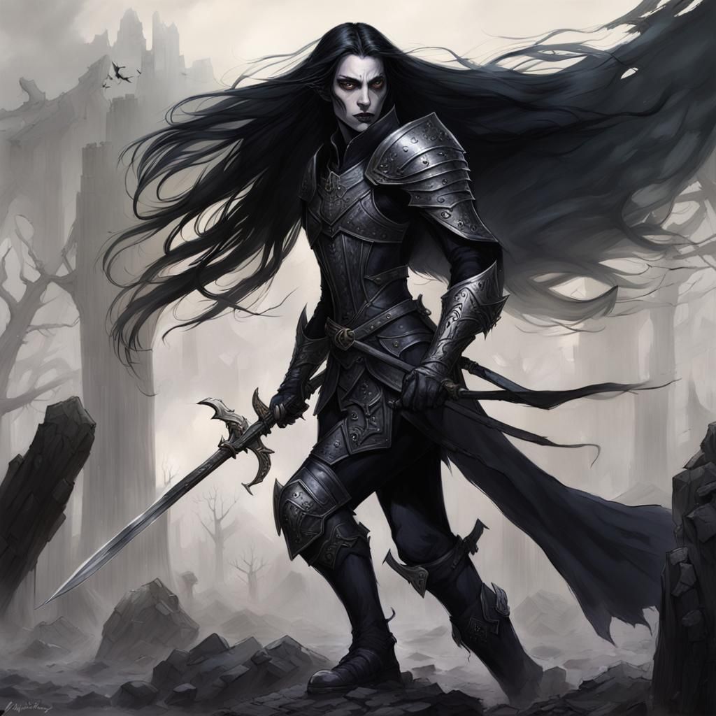 Dark Elf Paladin with Zweihander in Horror Art