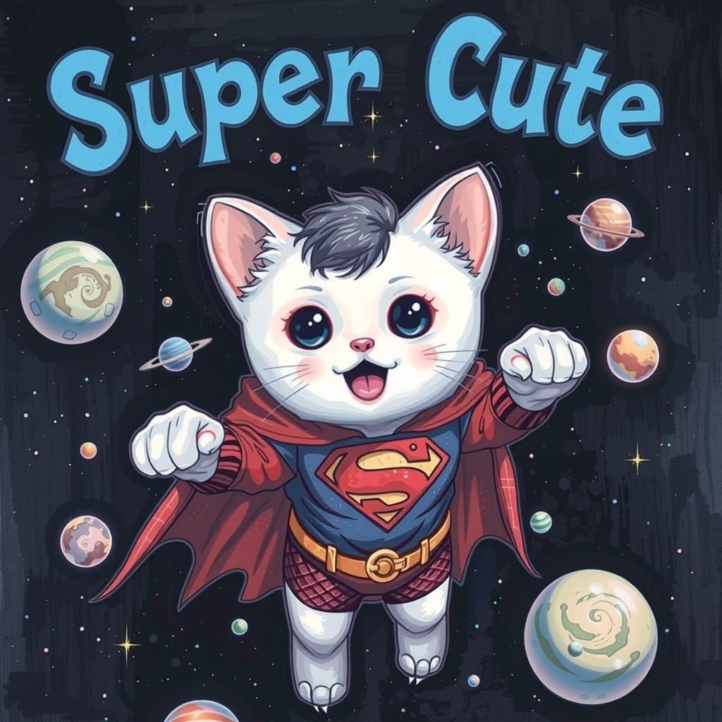 A cute white kitten, dressed in a Superman outfit, short bla...