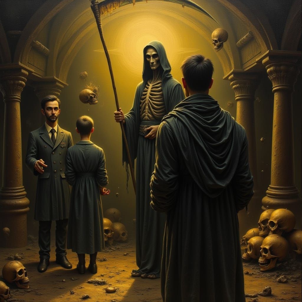 Surreal Oil Painting of Grim Reaper Offering Cake or Death