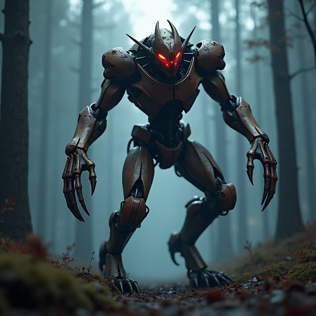 Mecha Wendigo in Misty Forest, Sci-Fi Concept Art