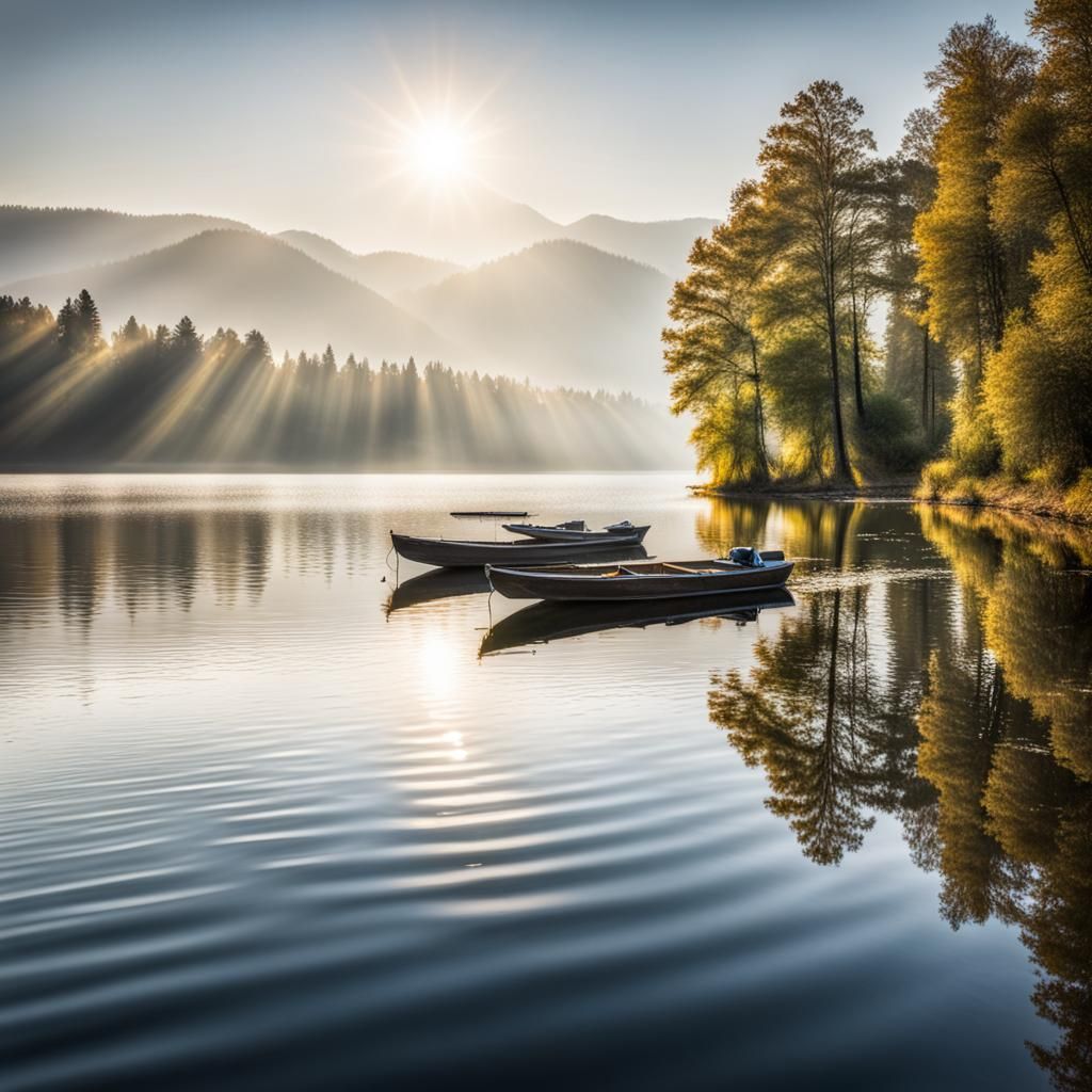 Boats Glide on Lake Reflecting Sunlight