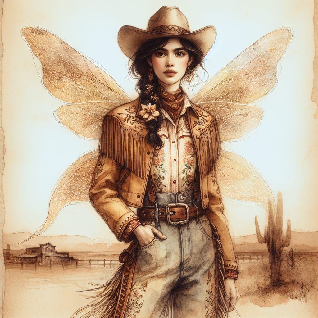 Hispanic Cowgirl Fairy in Vintage Watercolor Style