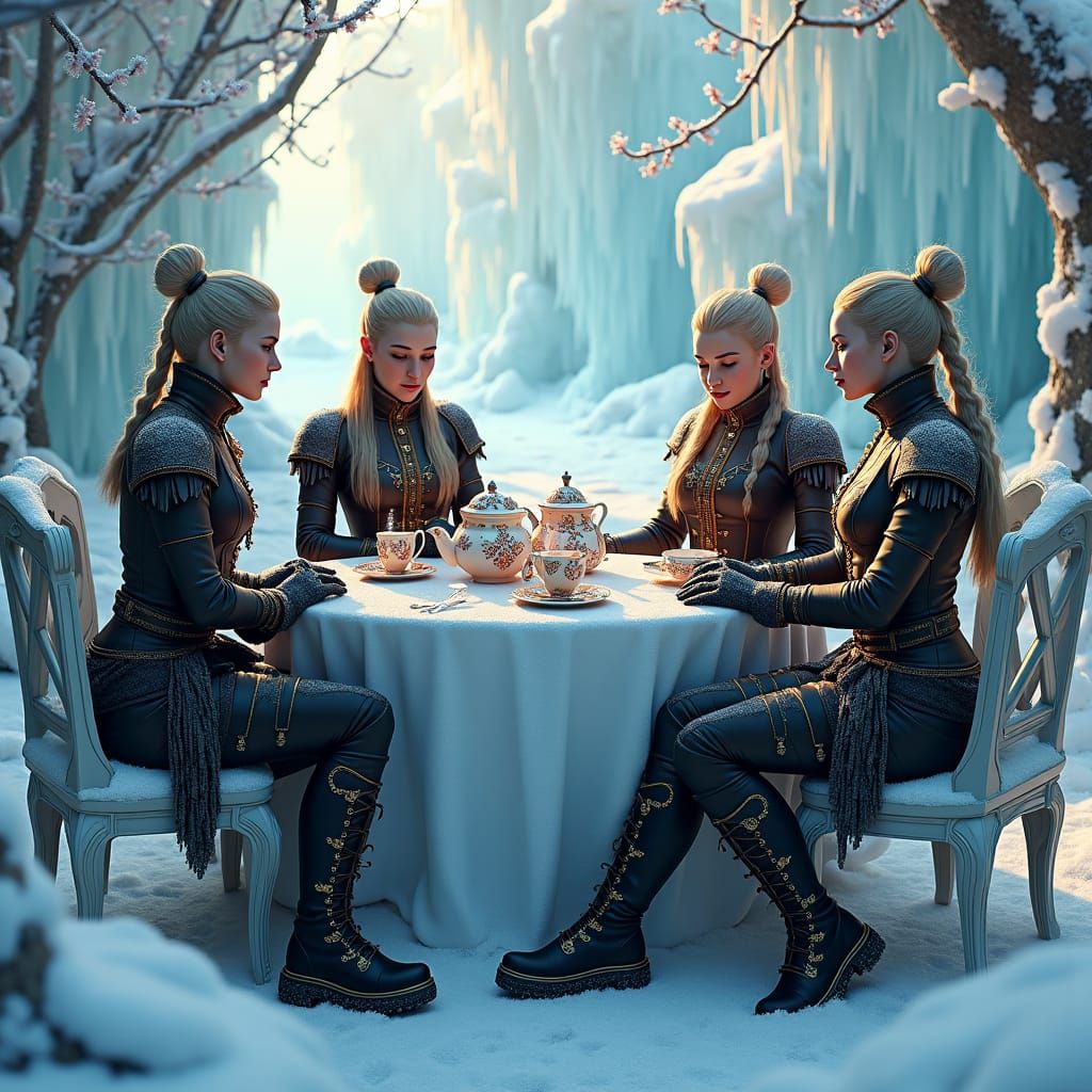 Icy Tea Party: Female Guards in Leather Uniforms