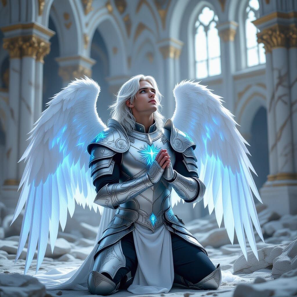 Angel in Silver Armor Praying in Cathedral Ruins