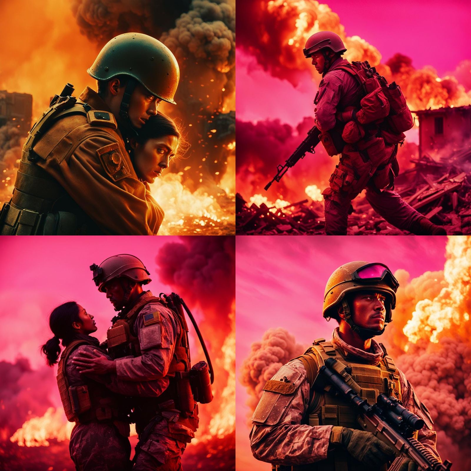 Soldier Protecting Loved One in Fiery Pink Sky