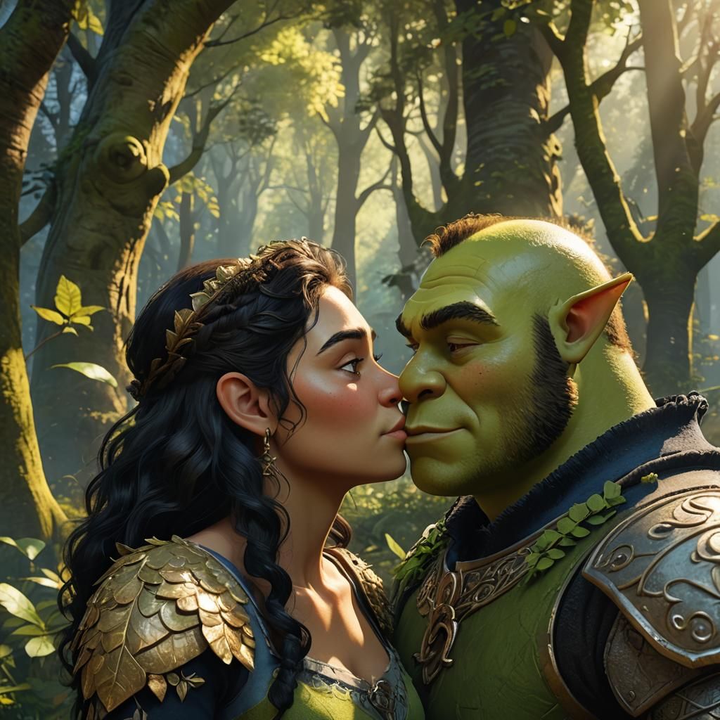 Shrek and Girl Kiss in Forest, Fantasy Art