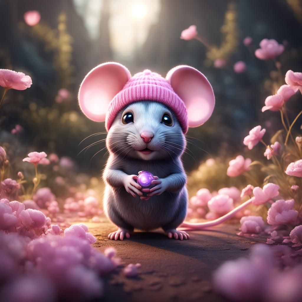 Cute Mouse with Pink Beanie: Detailed Fantasy Art