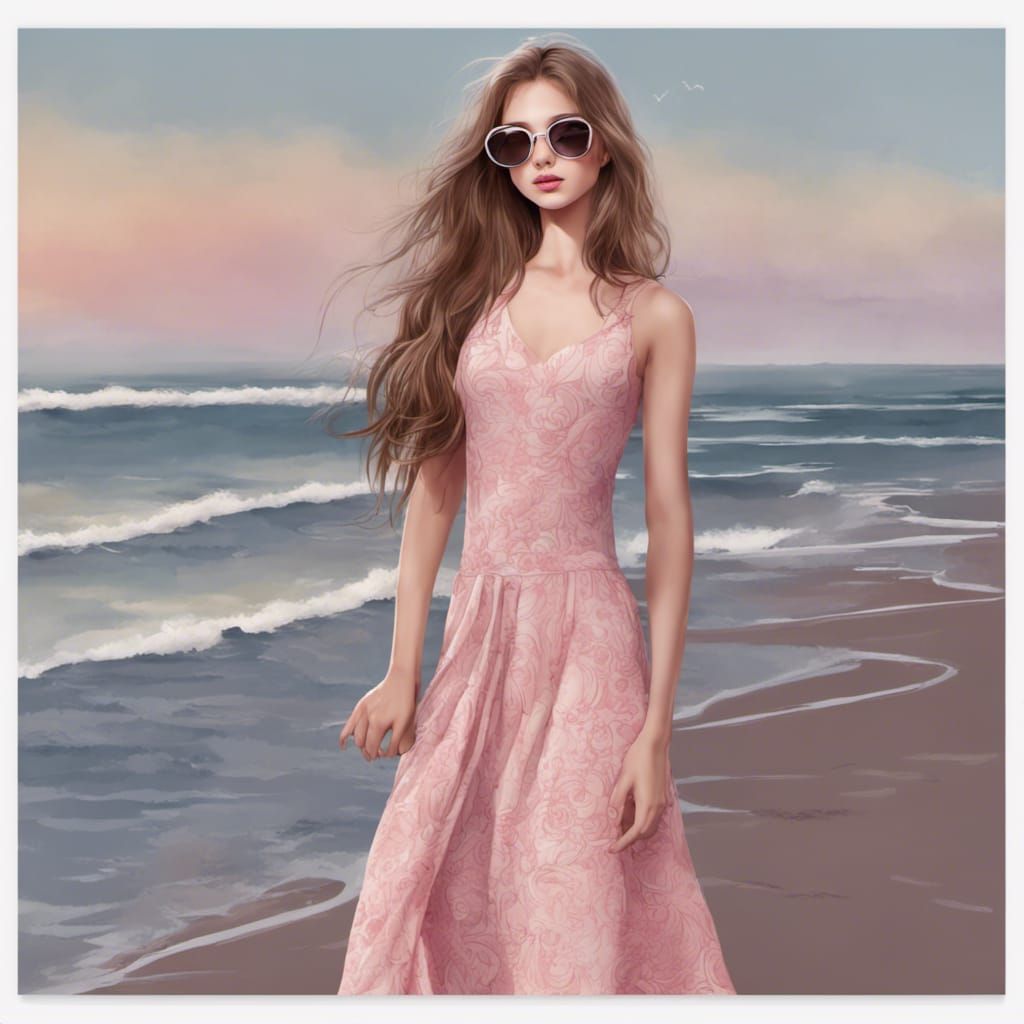 Beautiful Girl with Long Hair on Sea Shore