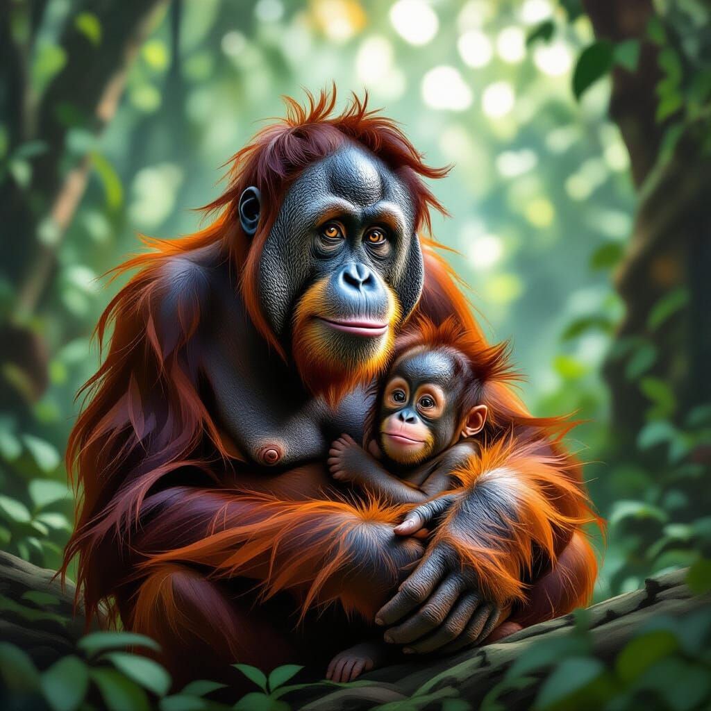 Sumatran Orangutan Mother and Baby Acrylic Painting