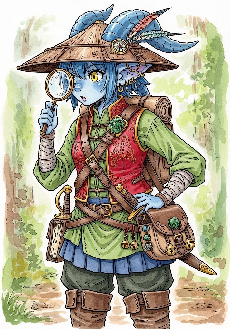 Curious Blue Kobold Adventurer in Anime Style